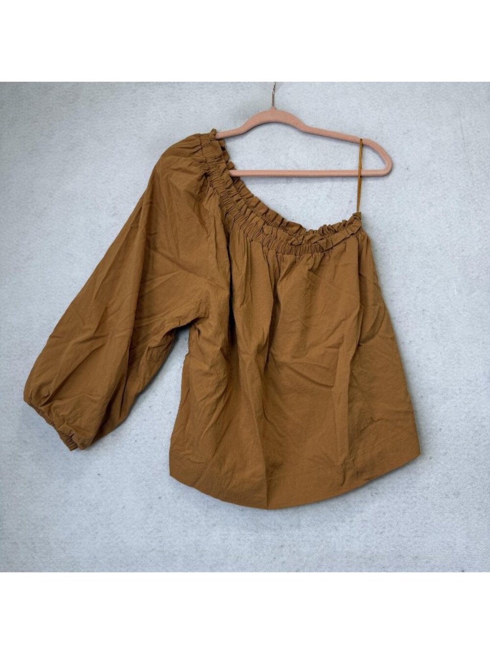 EVEREVE Blouse Womens Large Brown One Shoulder Balloon Sleeve Tunic Top Relaxed